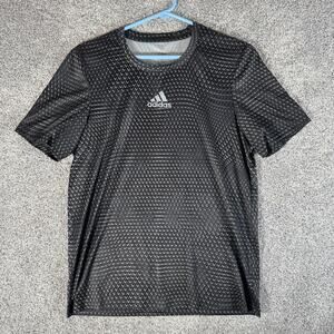 Adidas Shirt Mens XL Black Gray Geometric Running Reflective 3 Stripes Athletic